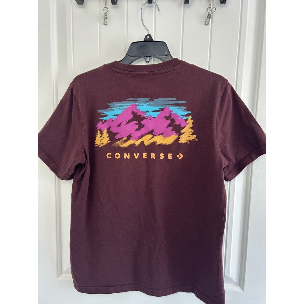 Converse T-Shirt Men's Small Burgundy Abstract Mountain Casual Performance
